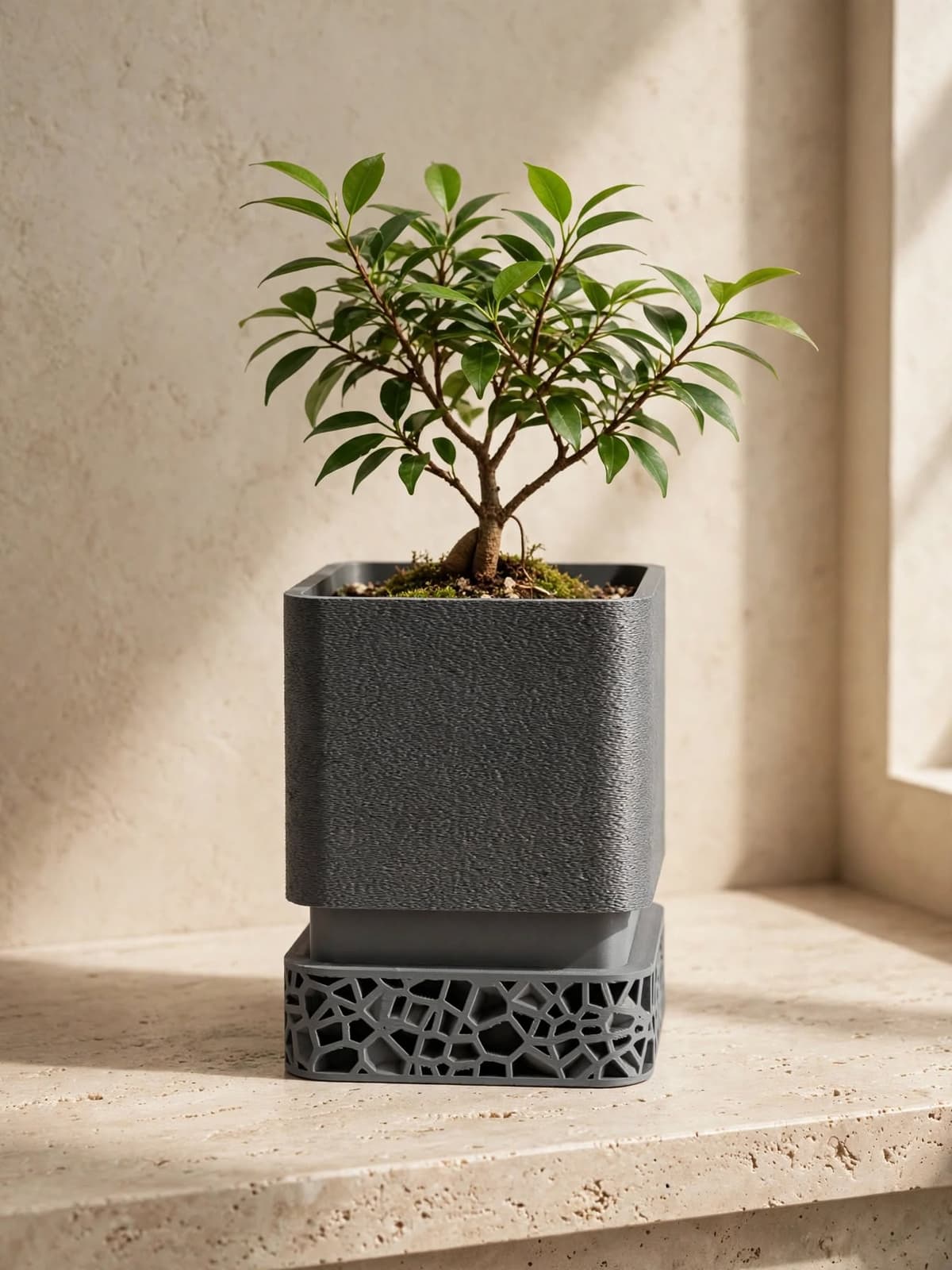 3D Printed Textured Square Planter with Voronoi Geometric Base in white home decor premium 3D printed planter by Flux3D