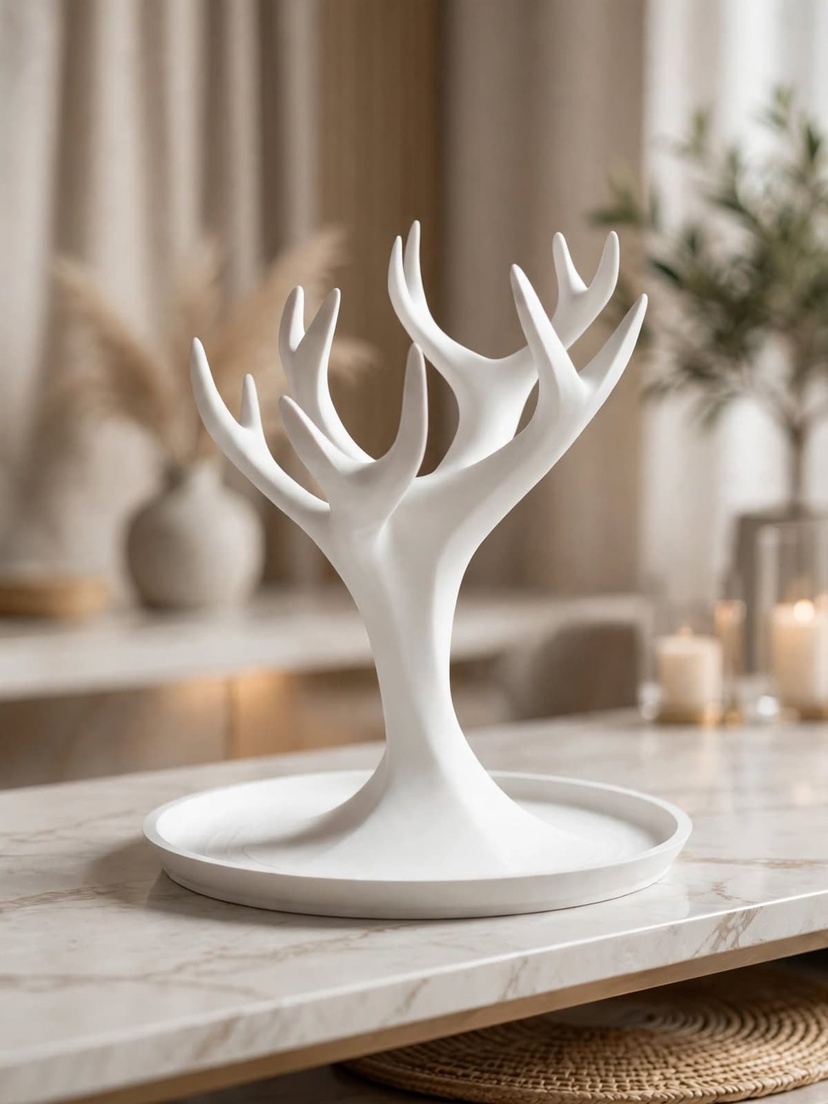 Deer Antler Jewelry Holder with Tray white finish luxury necklace and key organizer stand modern vanity jewelry storage decor