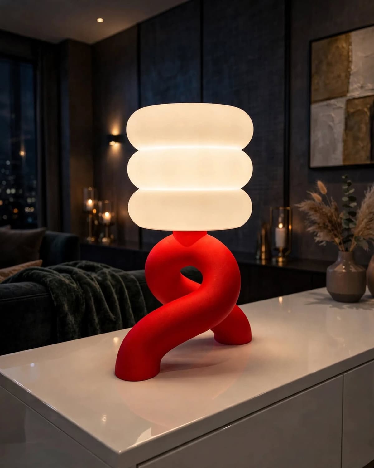Modern sculptural bubble table lamp with 3 stacked frosted white globes and matte red twisted base glowing on side table in luxury living room