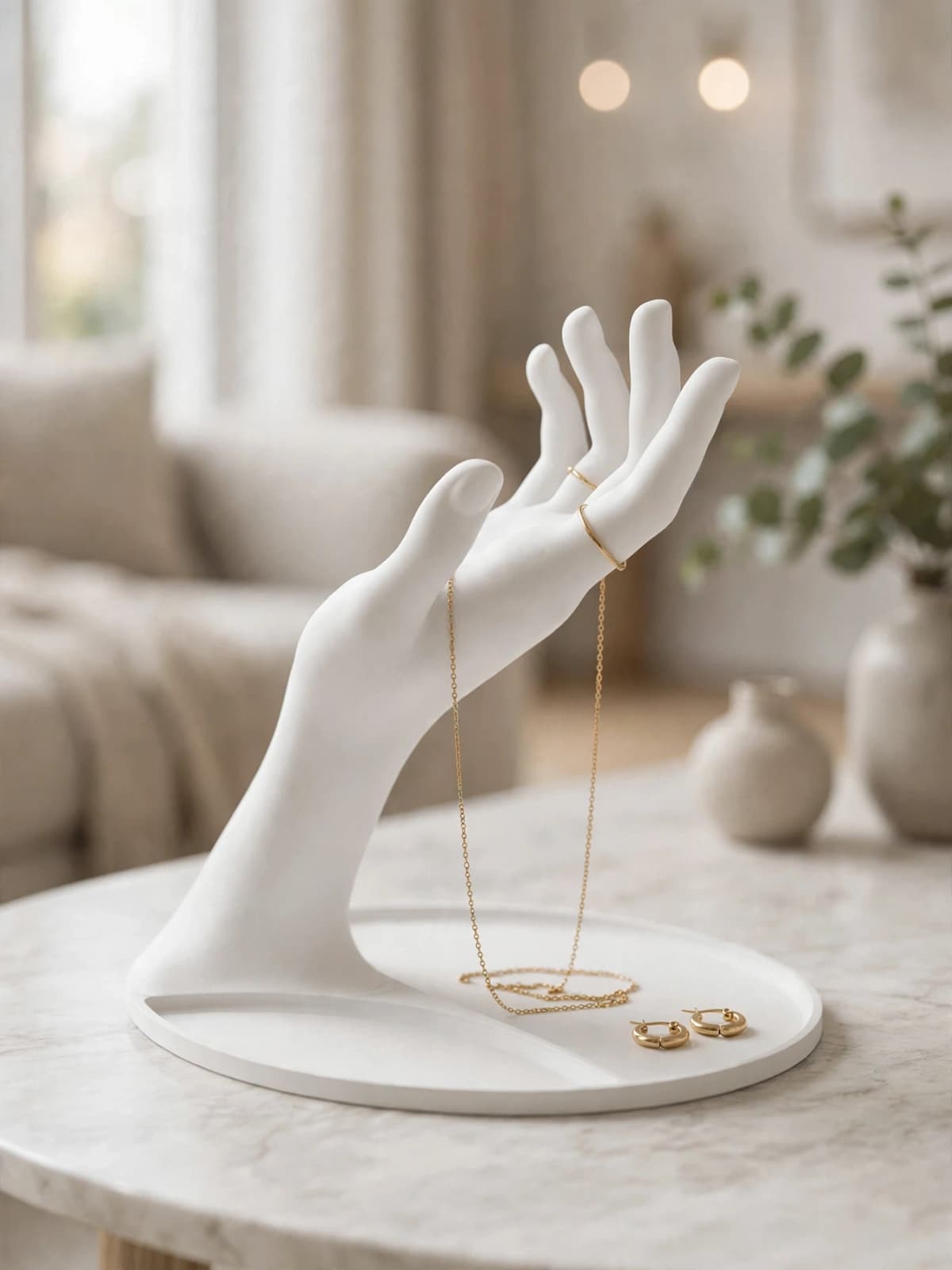 White Hand Jewelry Holder with Tray in white color ring and bracelet organizer premium vanity decor accessory
