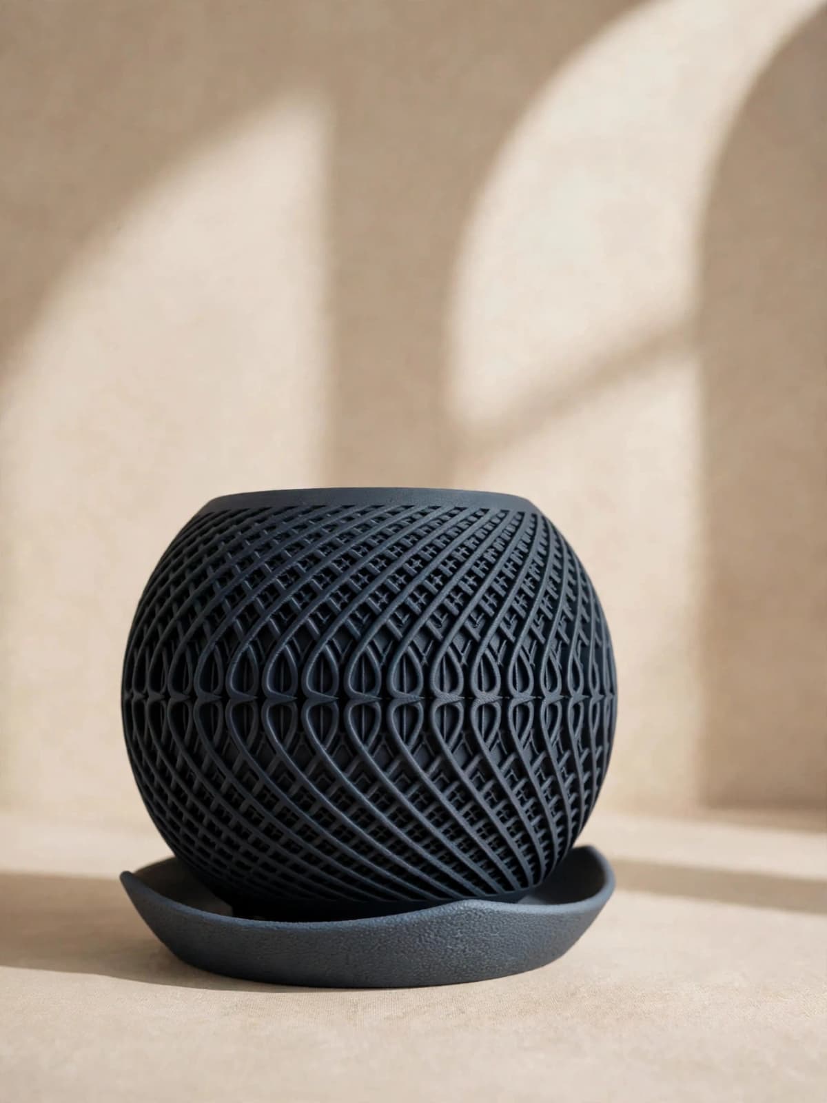 The Orb Mesh navy 3D printed spherical planter with drip tray indoor plant pot modern home decor planter