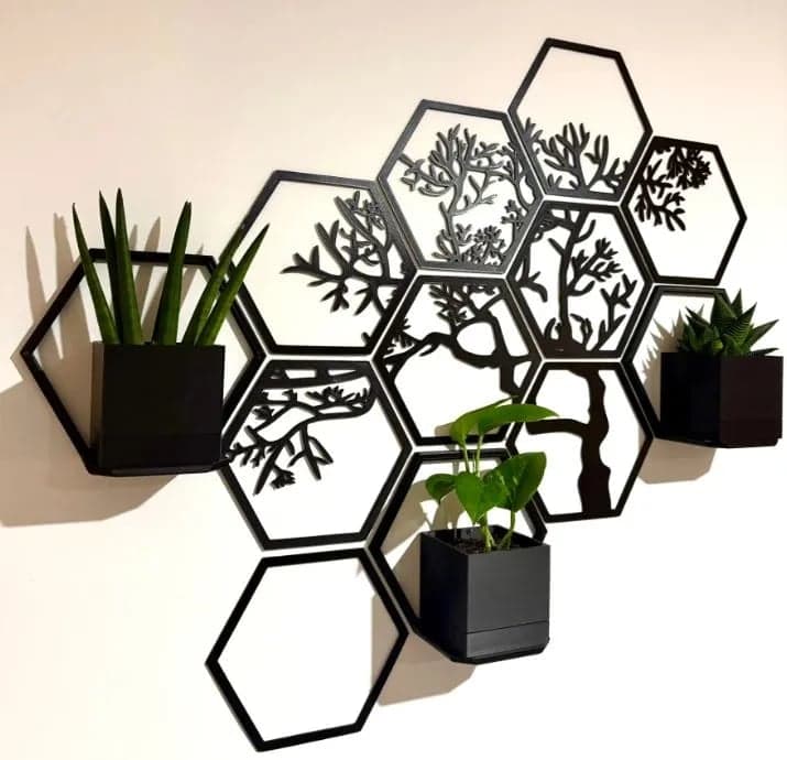 Hexagon tree wall art with planter pots and shelf