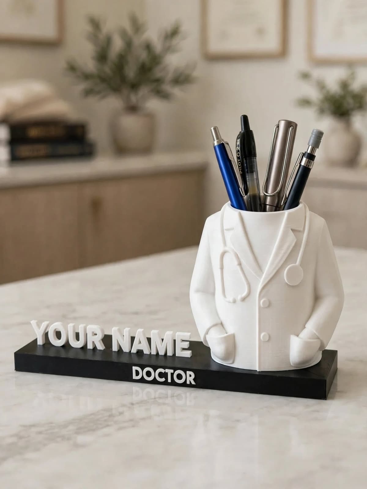 Personalized Doctor Coat Pen Stand with custom name plate, premium desk organizer for doctors, eco-friendly pen holder.