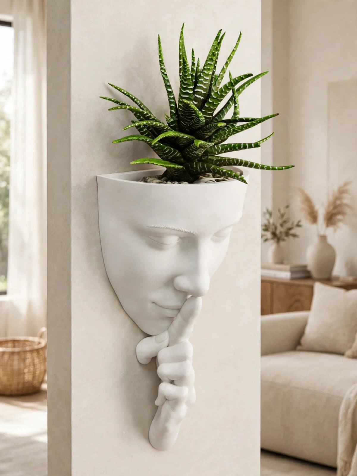 Silent Whisper Face Wall Planter matte white luxury modern wall mounted succulent planter stylish home decor vessel