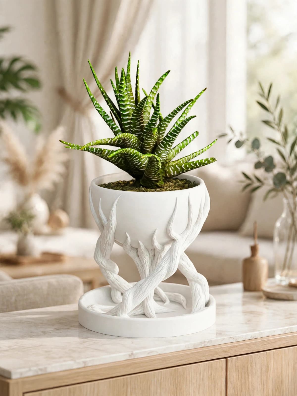Twisted Roots Sculptural Planter white and ochre yellow PLA wood planter premium 3D printed home decor vessel